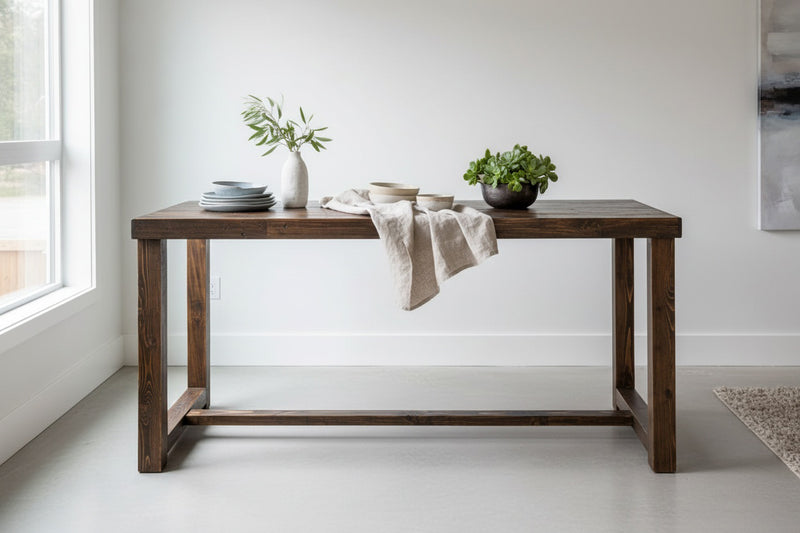 Handcrafted in Arizona, this reclaimed wood dining table features a beige cloth, stacked plates, a white vase of greenery, and a bowl of greens—timeless reclaimed wood furniture in a sunlit, minimal room with large window.