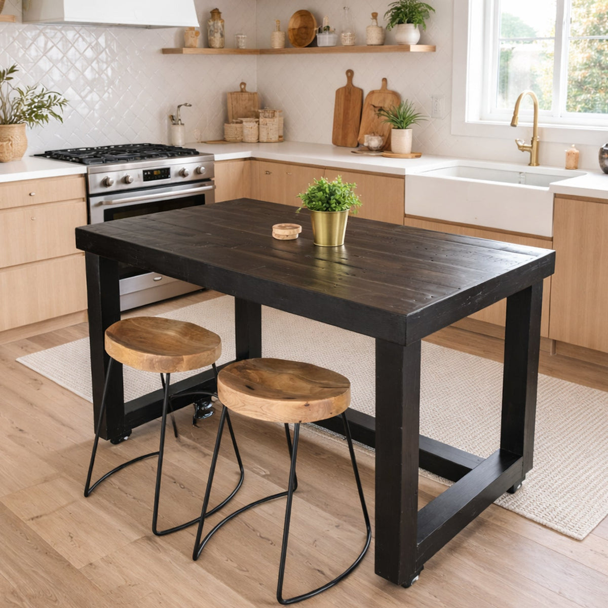 A beautifully crafted kitchen island, featuring a sleek black base and round reclaimed wood counter-height stools with sturdy metal legs. This narrow bar table pairs light wood cabinetry with enduring, sustainable materials.