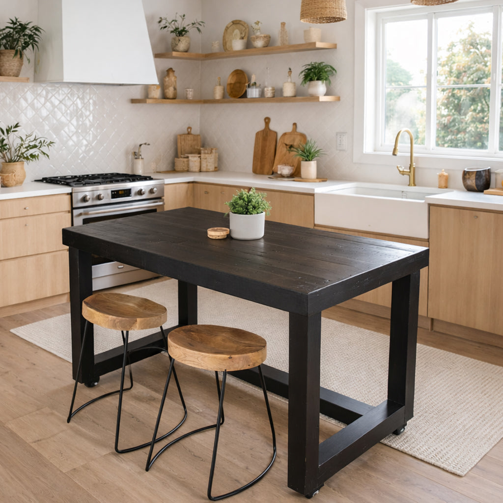 A beautifully crafted black counter height kitchen island table is paired with sleek round wood stools with metal legs. This narrow counter table pairs light wood cabinetry with enduring, sustainable materials.