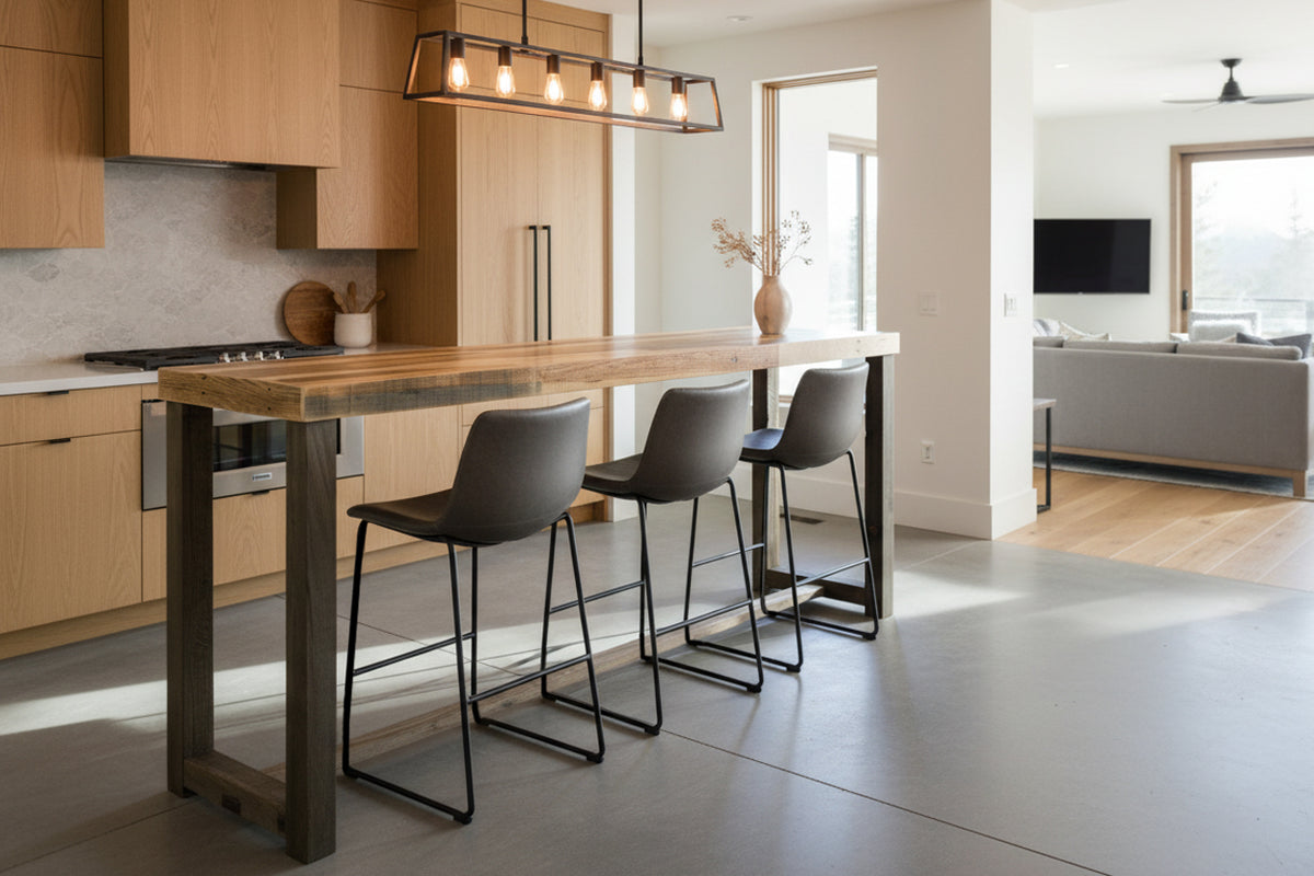 Handcrafted bar height dining table in reclaimed wood with steel legs in a modern kitchen. High top table paired with bar stools, built in Arizona for residential and hospitality spaces.