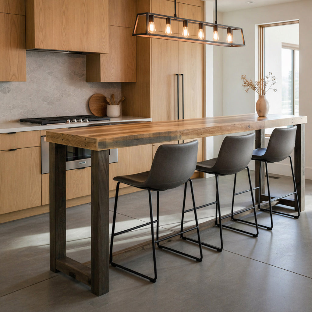 This inviting kitchen features light wood cabinetry and a sleek marble backsplash. At its heart, a handcrafted, narrow bar-height kitchen island with black steel legs and three gray stools showcases enduring reclaimed wood quality.