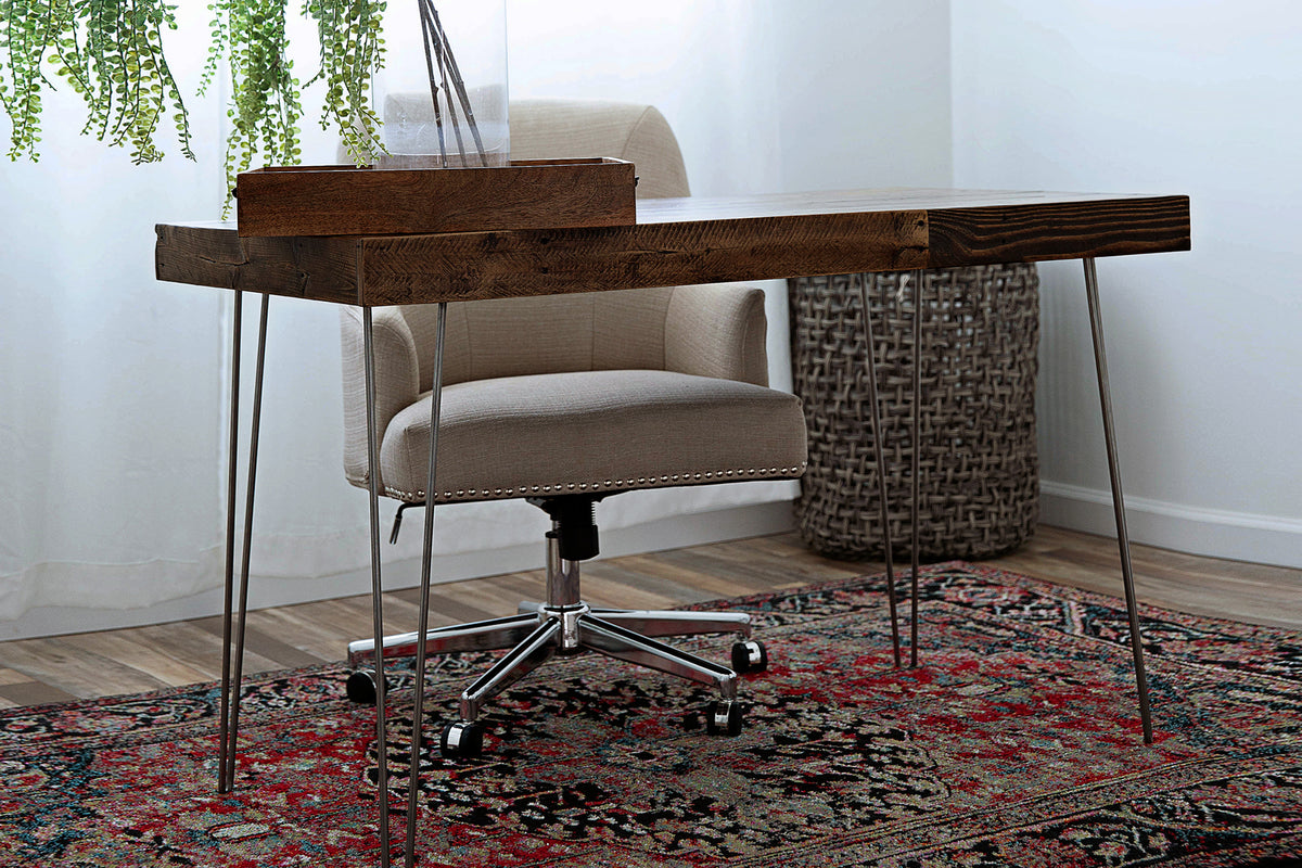 Handcrafted office desk, featuring a reclaimed wood top and sturdy modern steel hairpin legs. 