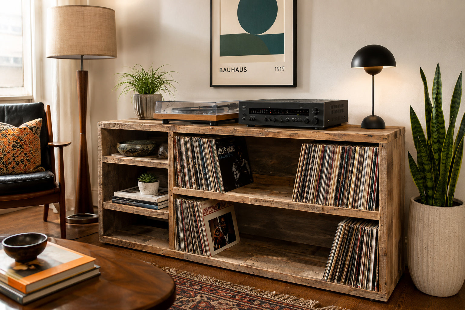 A handcrafted reclaimed wood vinyl record media console in a warm living room, its open shelves filled with a record collection and topped with a lamp and greenery. Made in Arizona.