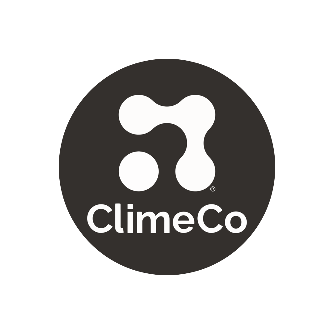 The ClimeCo logo features a black circle with interconnected white dots above bold white lettering, set against a light gray backdrop—mirroring the meticulous craftsmanship and enduring quality of reclaimed wood furniture.