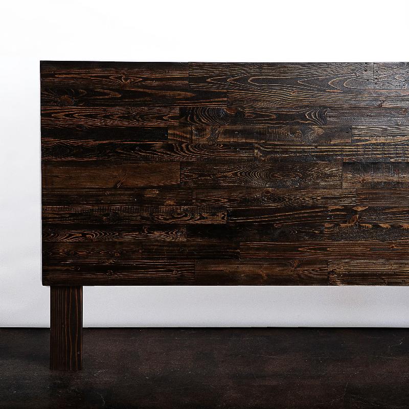 Dark espresso reclaimed wood headboard.