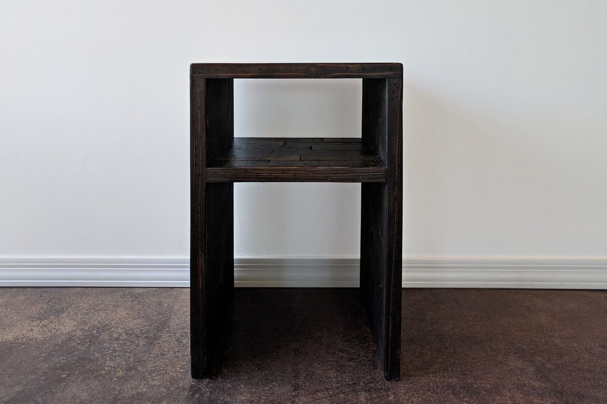 Expertly handcrafted in Arizona, this narrow bar-height table features a square open shelf design using sustainable reclaimed wood. A standout piece of reclaimed wood furniture, it exudes warmth and timeless artisan quality.