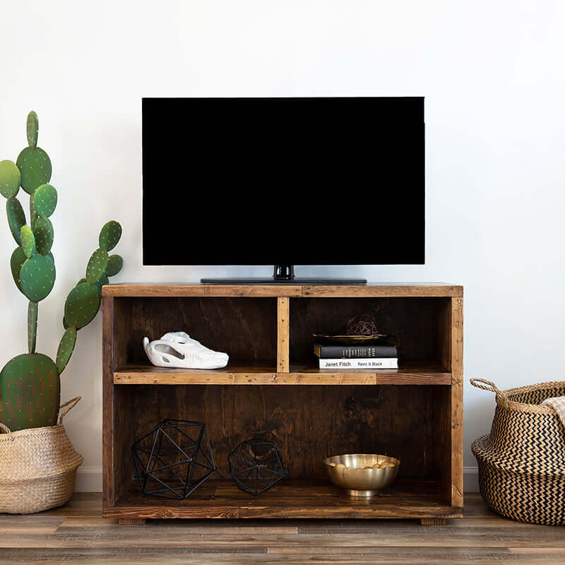 Reclaimed Wood Two Compartment Media Unit in Provincial with TV and Plant