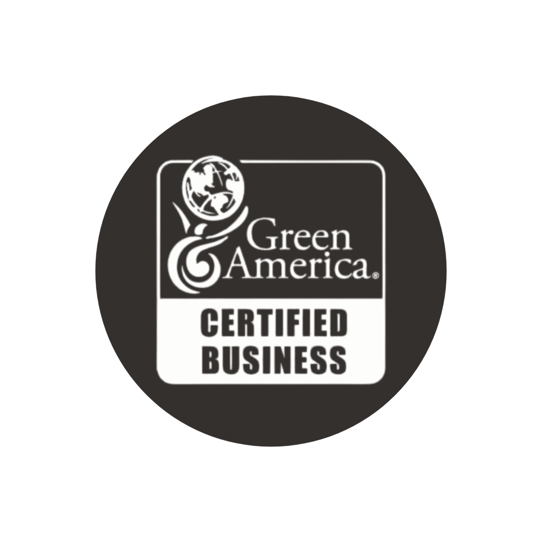 A circular badge displays the Green America logo above “Green America Certified Business” in bold text, highlighting our handcrafted, sustainable reclaimed wood furniture—ideal for bar tables, kitchen islands, and more.