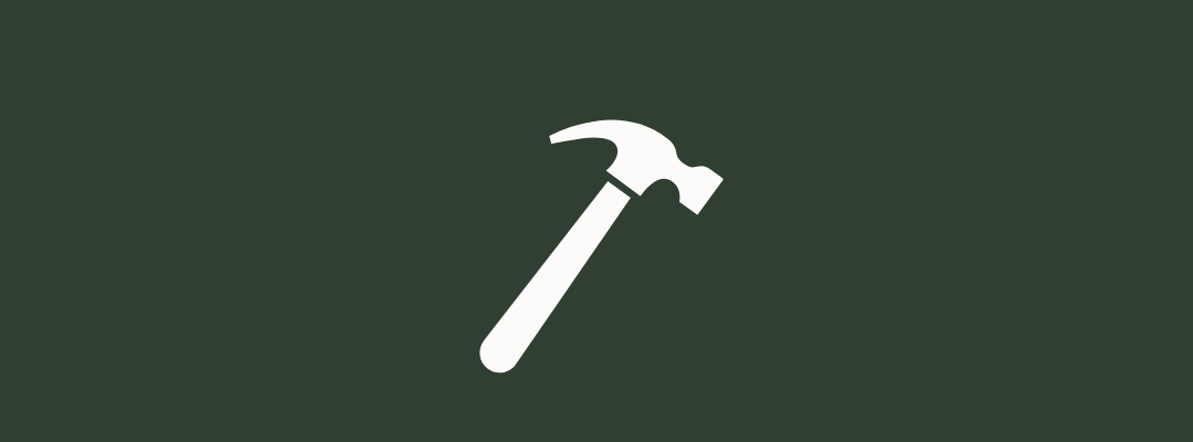 White hammer icon with angled handle centered on a dark green background, representing handcrafted furniture, sustainable materials, and enduring quality for Arizona workshops and eco-friendly makerspaces.
