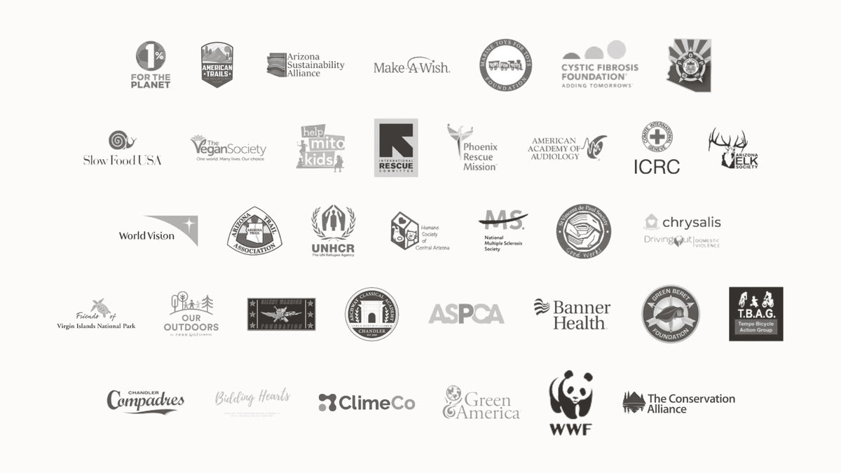 A grid of nonprofit organization logos is displayed, representing environmental and humanitarian causes like WWF, ASPCA, Make-A-Wish, Food for the Hungry, and Conservation Alliance—uniting purpose with enduring impact.