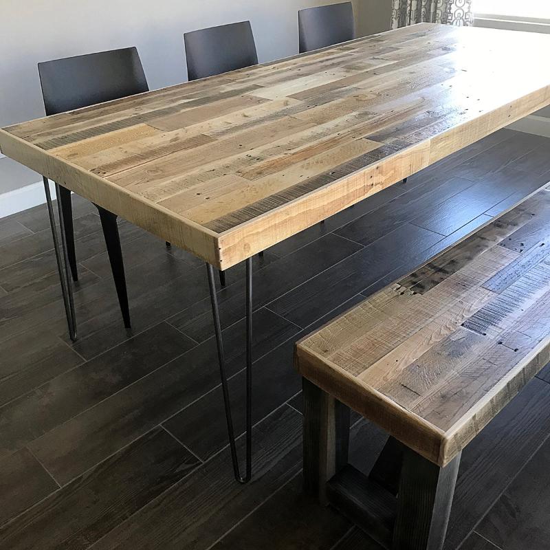 Natural finish reclaimed wood table and bench with steel hairpin legs