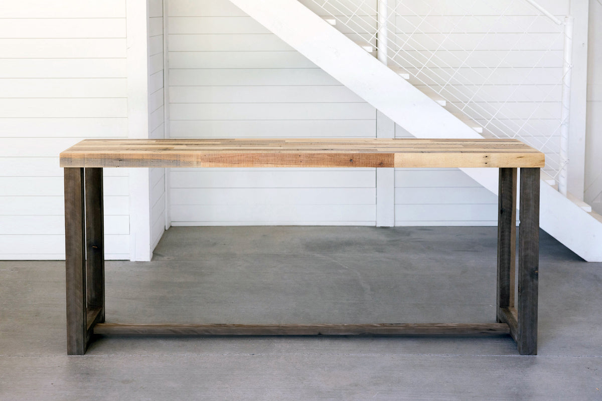 Sequoia bar height table in Natural finish, with a thick rustic reclaimed wood top and solid wood legs. A handcrafted high top table made in Arizona.