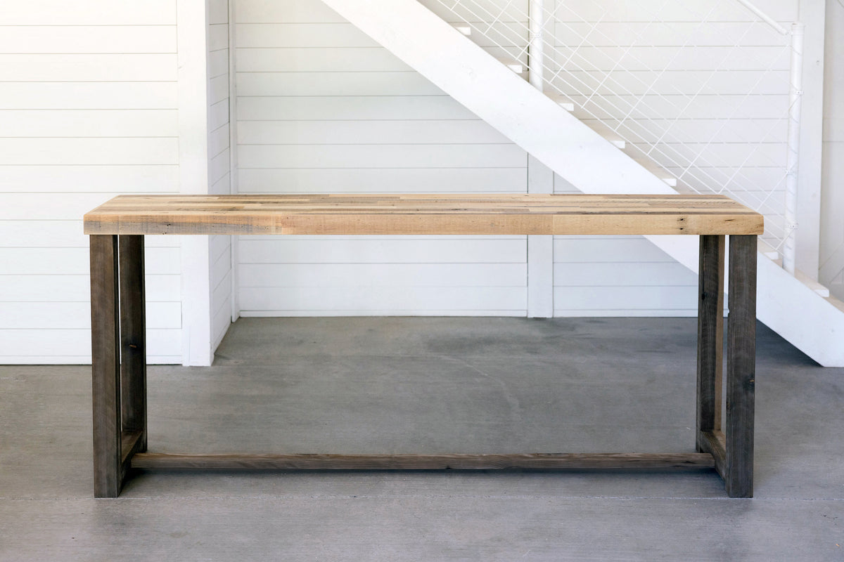 Sequoia bar height table in Natural finish, with a thick rustic reclaimed wood top and solid wood legs. A handcrafted high top table made in Arizona.
