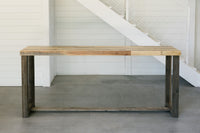 Sequoia bar height table in Natural finish, with a thick rustic reclaimed wood top and solid wood legs. A handcrafted high top table made in Arizona.