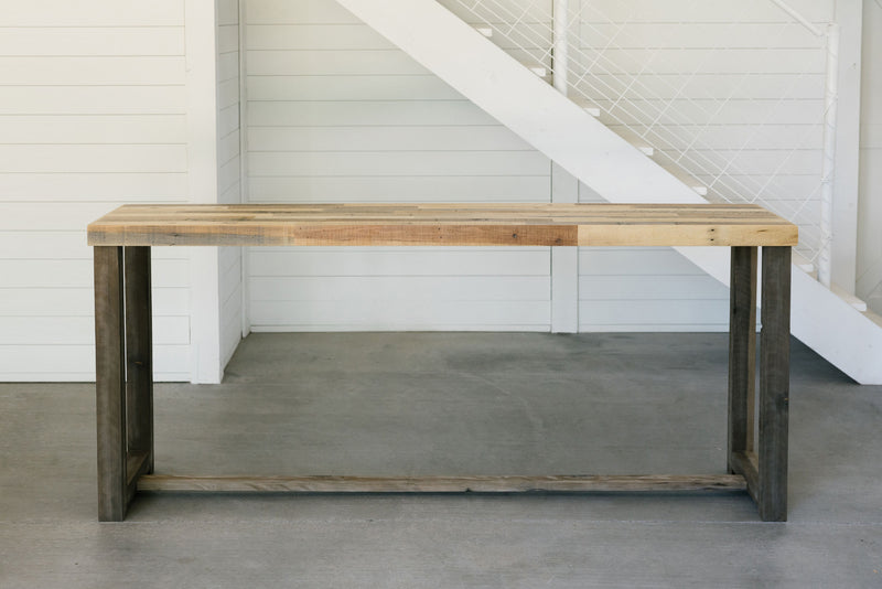 Sequoia bar height table in Natural finish, with a thick rustic reclaimed wood top and solid wood legs. A handcrafted high top table made in Arizona.