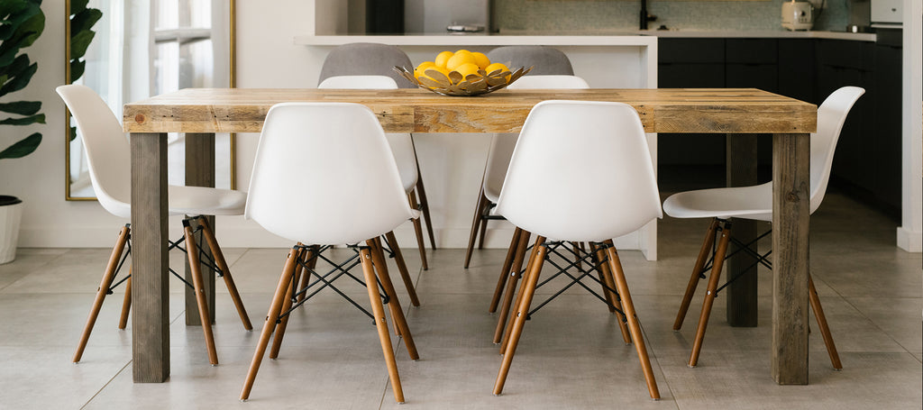 Natural finish dining table in mid-century modern kitchen