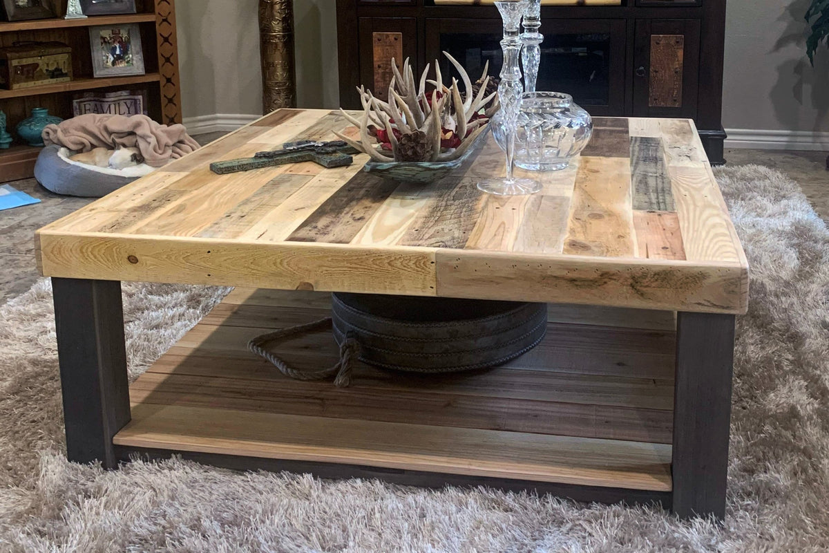 This handcrafted rustic square coffee table with lower shelf is expertly made in Arizona from reclaimed wood. 