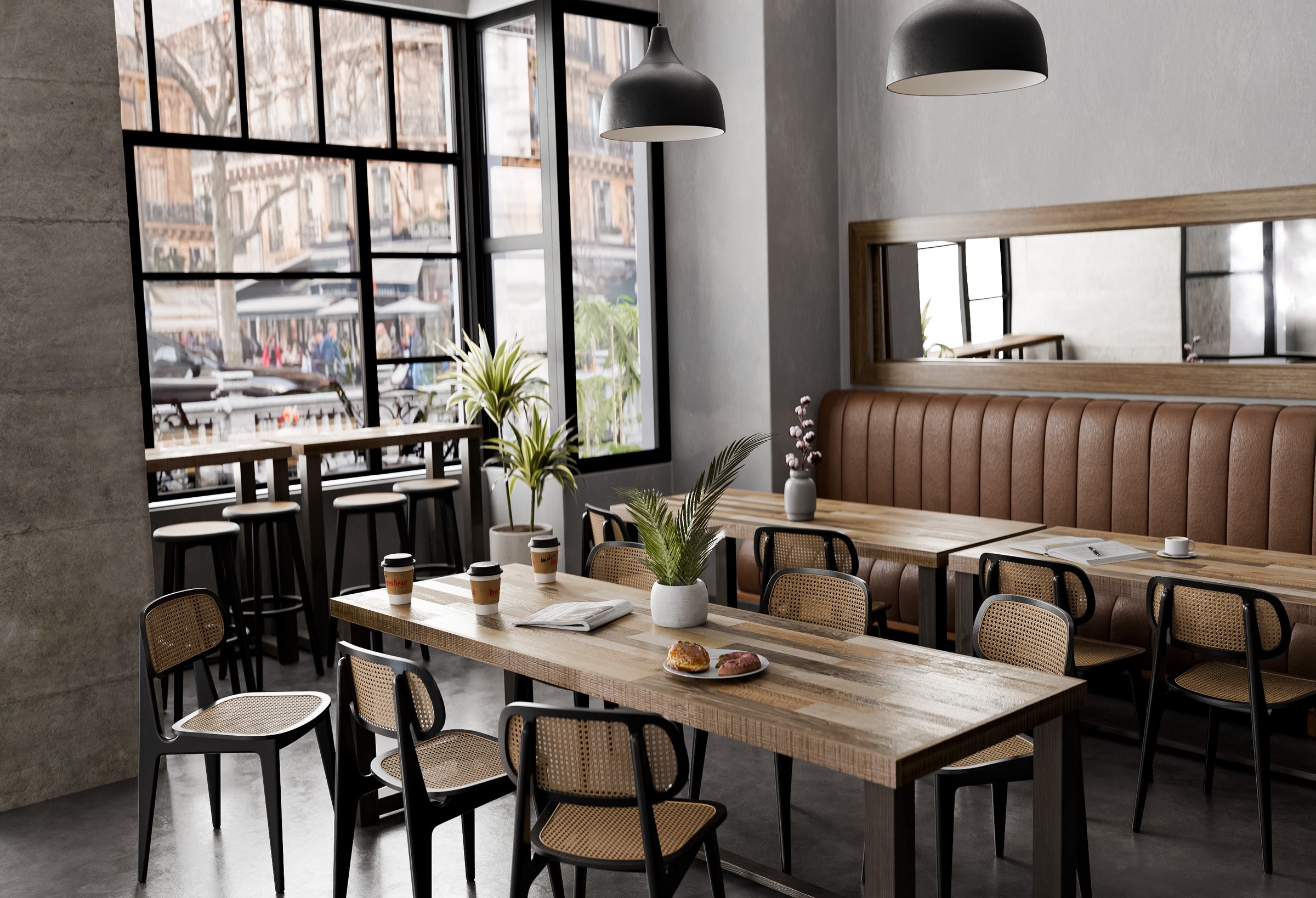 Handcrafted reclaimed wood dining tables by Kase Custom in a modern hospitality setting. Designed for restaurants, cafés, and boutique hotels, these sustainable, heirloom-quality tables feature clean lines, natural textures, and timeless durability.