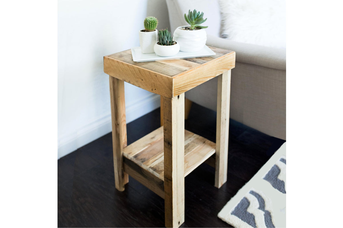 Handcrafted in Arizona, this narrow reclaimed wood side table showcases a chevron-patterned top and artisanal quality. Ideal as reclaimed wood furniture for living rooms, it features eco-friendly craftsmanship and enduring style.