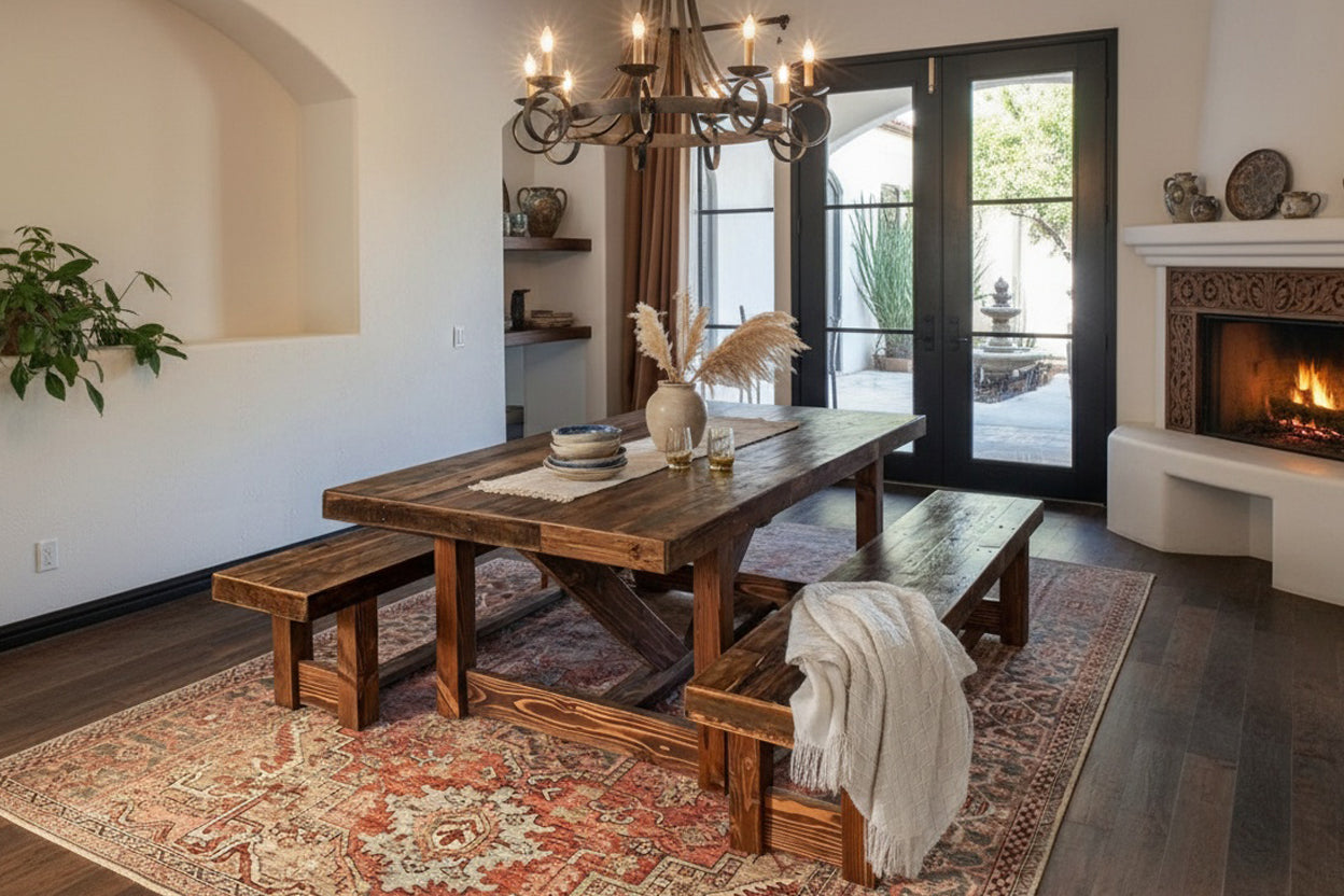 A warm Spanish dining room showcases a handcrafted reclaimed wood Spanish trestle dining table with benches, paired with a patterned rug, elegant chandelier, and cozy fireplace. Glass doors invite light while artisan vases and plants complete the space outside the hacienda.