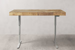 Adjustable height silver desk base with reclaimed wood top